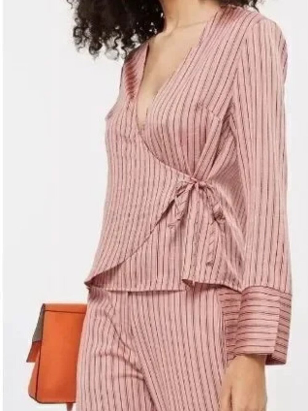 TopShop satin wrap front pink black stripe blouse top shirt